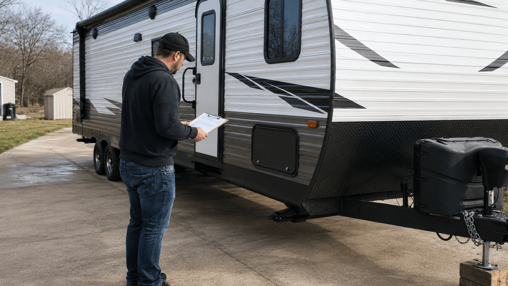 An RV owner inspecting the roof seals on a travel trailer with a flashlight and notepad