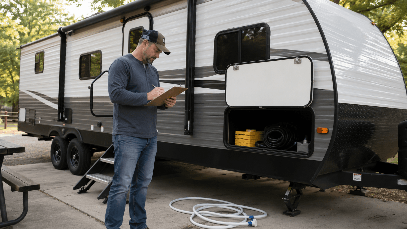 an RV owner reviewing a pre-trip checklist